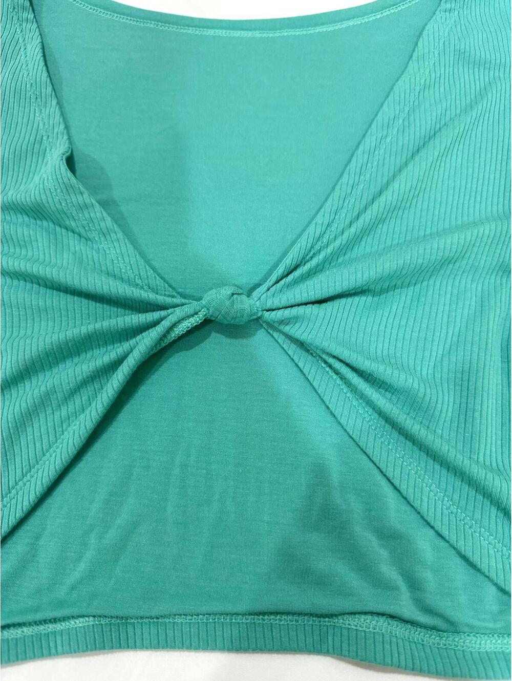 Aerie OFFLINE Teal Ribbed Modal Crop Top Long Sleeve Bow Thumbholes Large - Picture 6 of 9